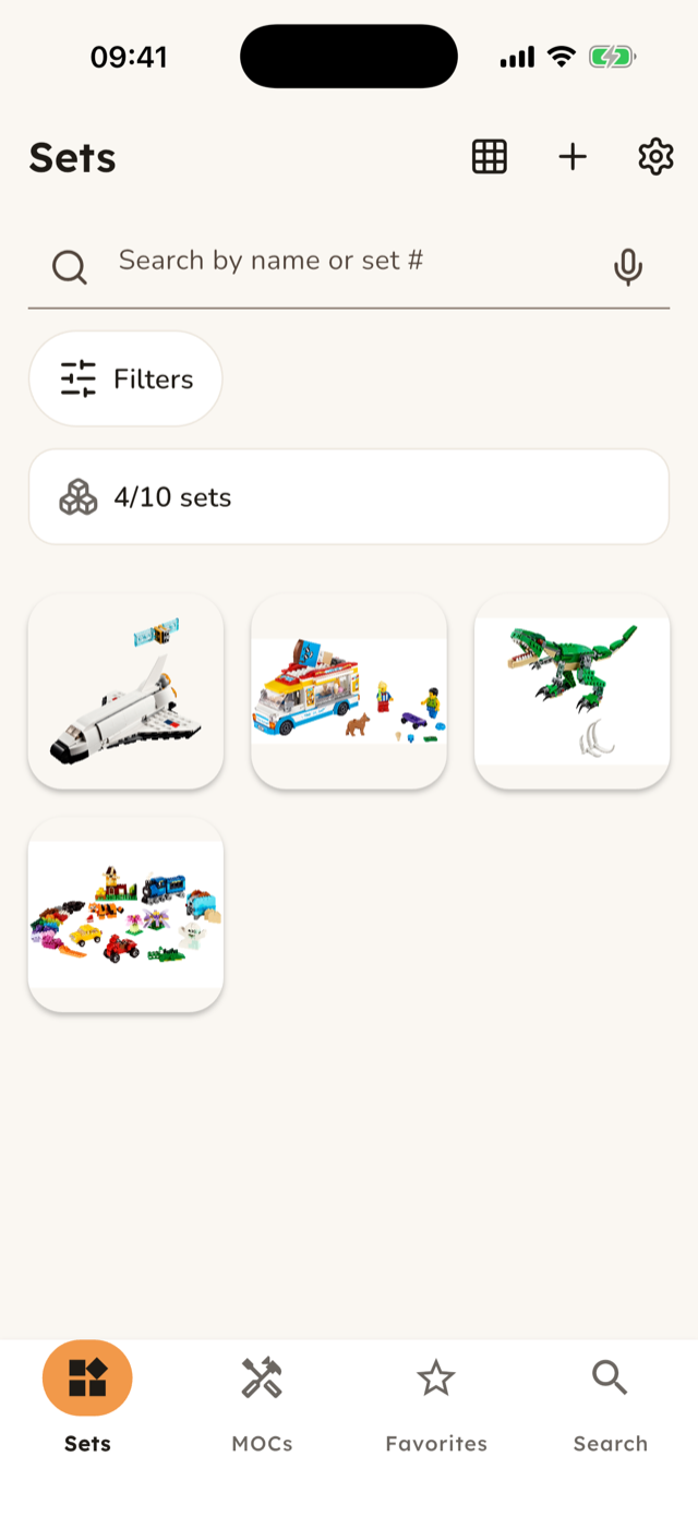 The WhichBrick Sets tab with four owned sets shown as photo tiles, a search bar with a microphone, and the Sets, MOCs, Favorites, and Search tabs.