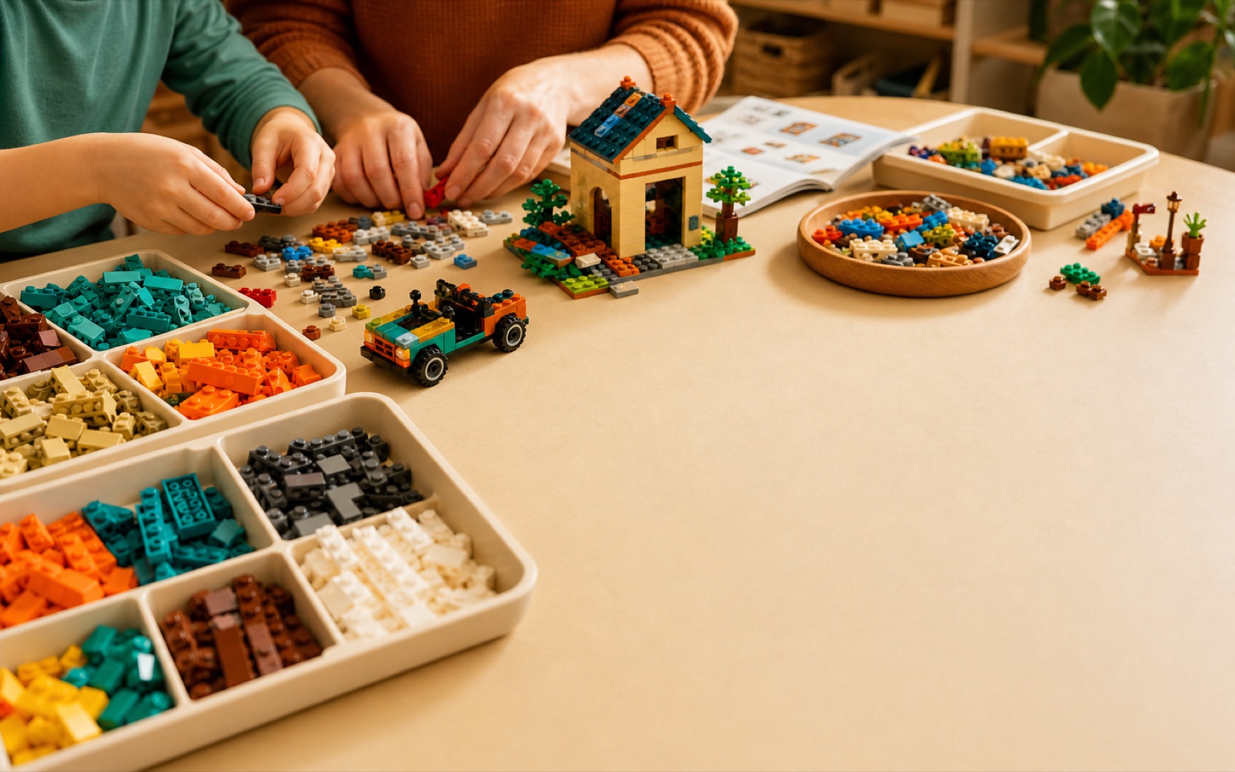 A warm family building table with sorted toy bricks, trays, hands, and a partially built model.